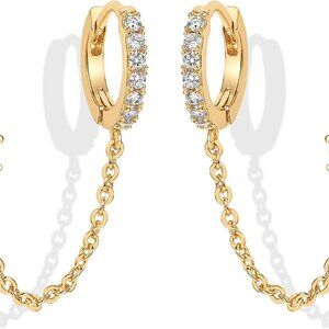 14K Gold Chain Earrings for Women | Double Piercing Dangle Chain Huggie Hoop Ear